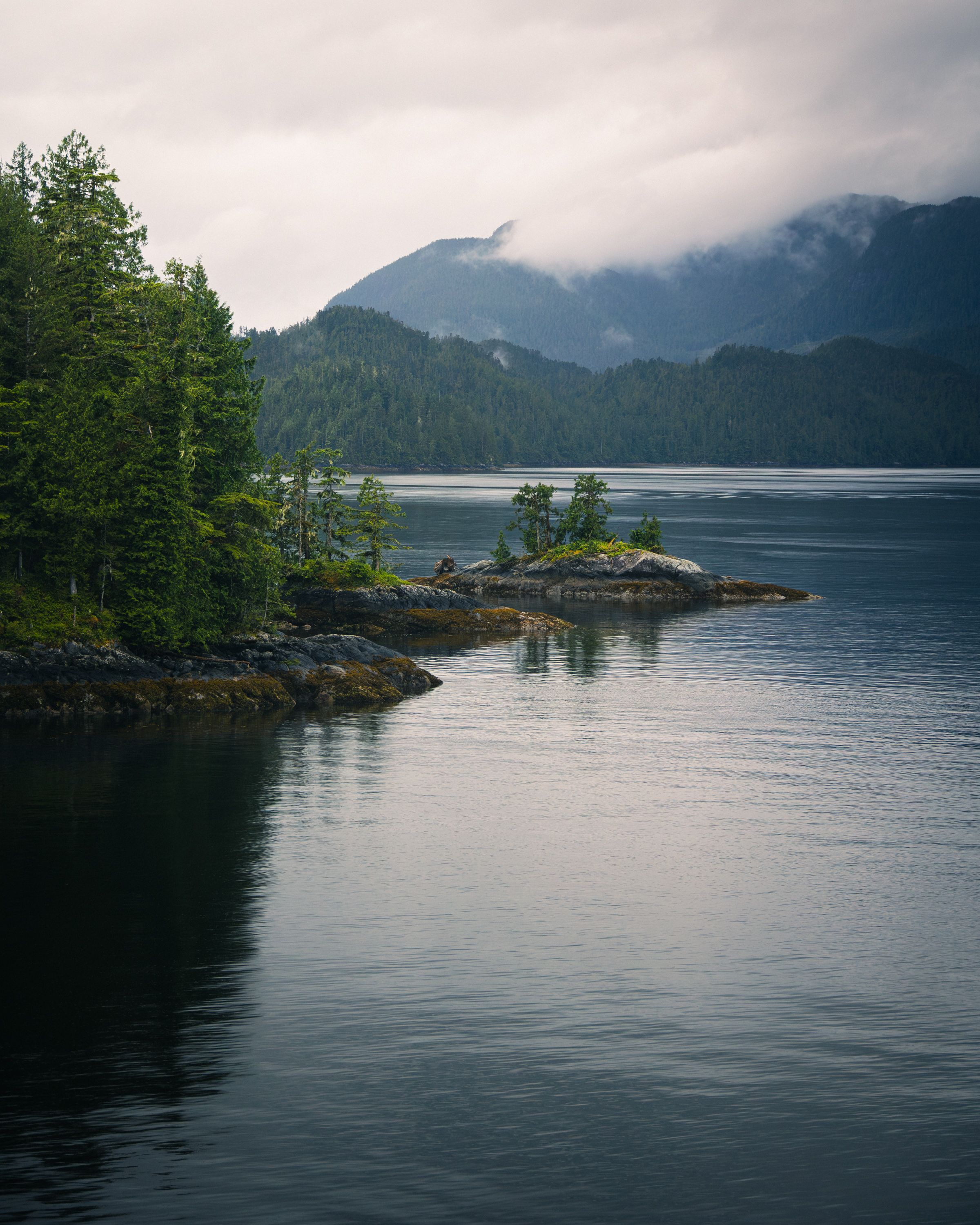 Rocky islet with trees reflected in a calm coastal inlet, misty mountains behind