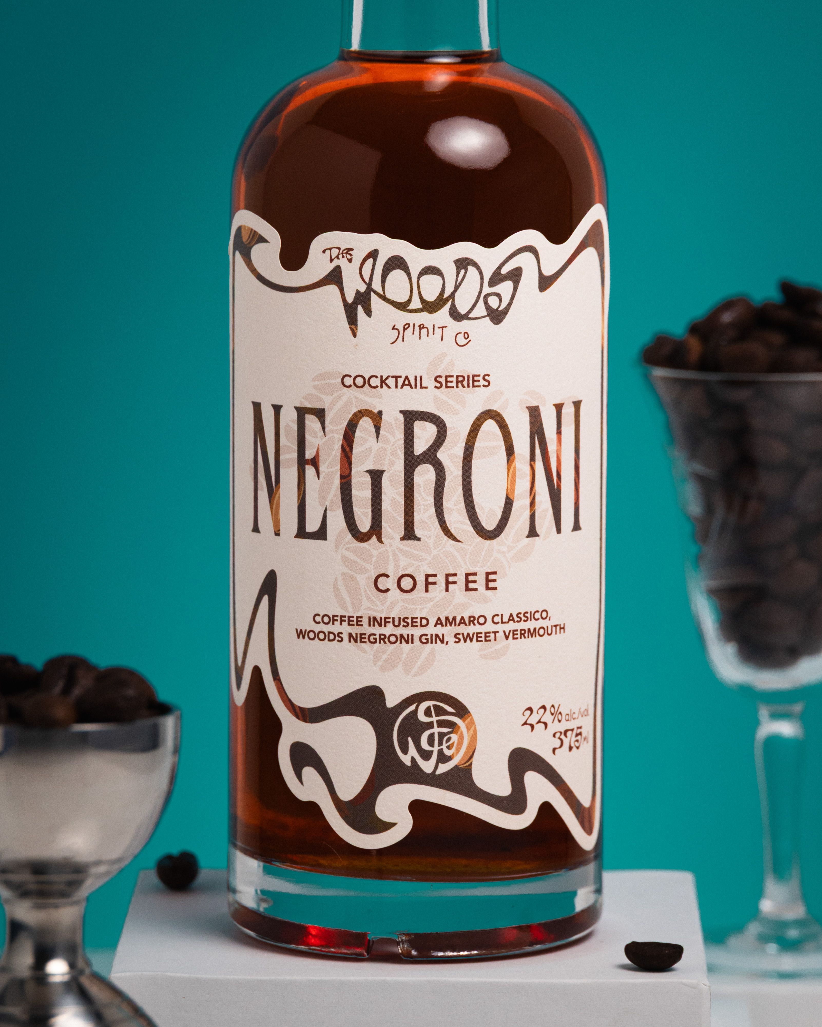 Wood Spirit Co Coffee Negroni bottle label close-up with coffee beans on a teal ground