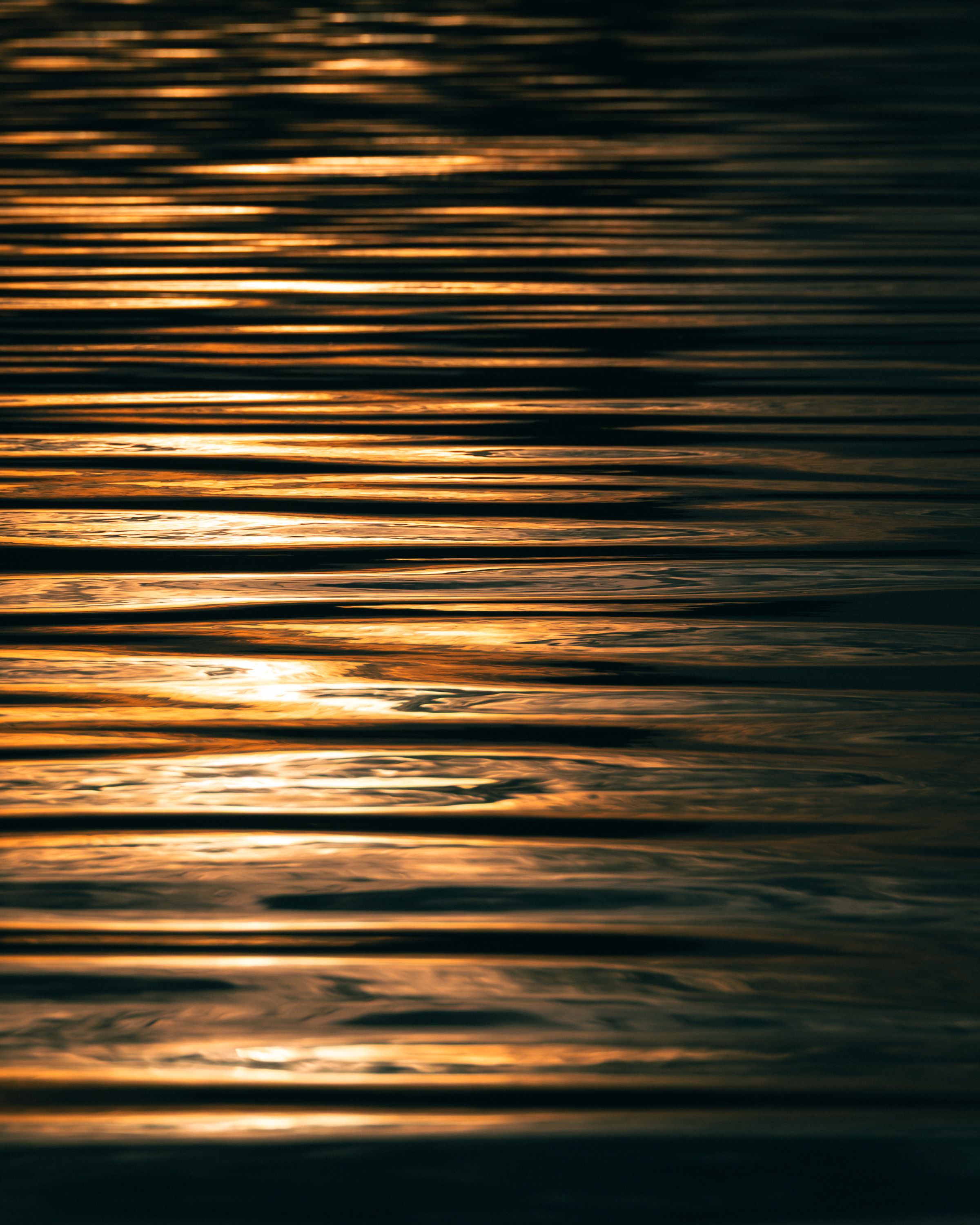 Abstract of golden sunset light rippling across a calm river surface